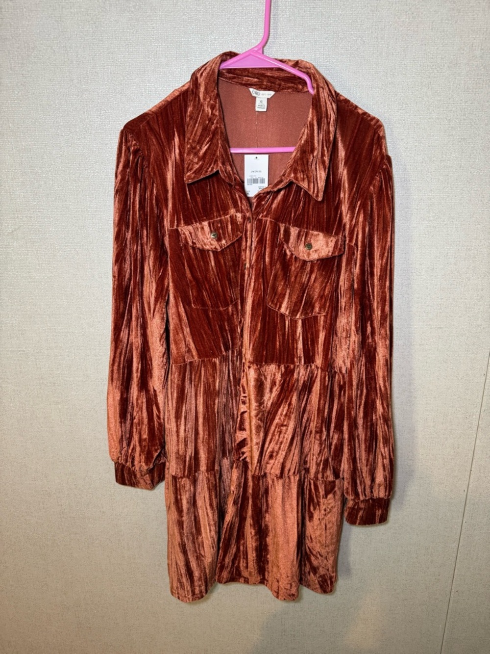 Cato Velvet Shirt Dress in Rust Copper